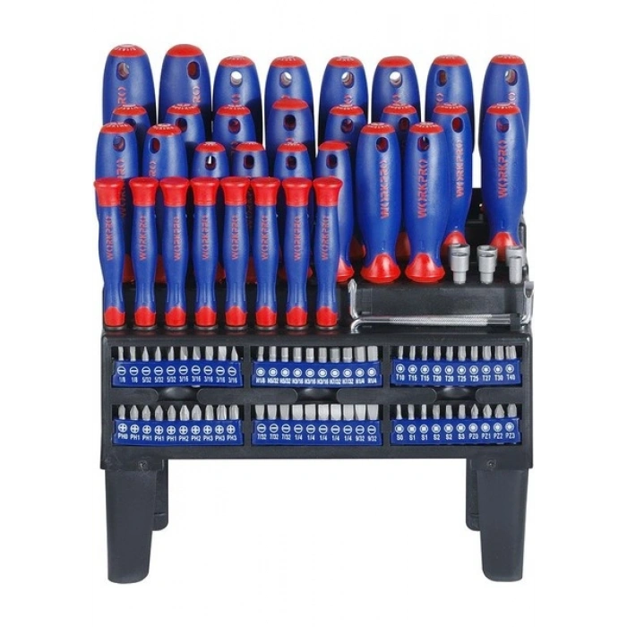 Workpro WP200507 100 Parça Duvar Askı Aparatlı Profesyonel Cr-V Manyetik Tornavida ve Bits Uç Seti