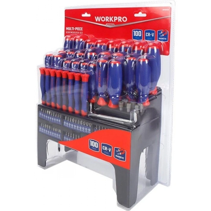 Workpro WP200507 100 Parça Duvar Askı Aparatlı Profesyonel Cr-V Manyetik Tornavida ve Bits Uç Seti