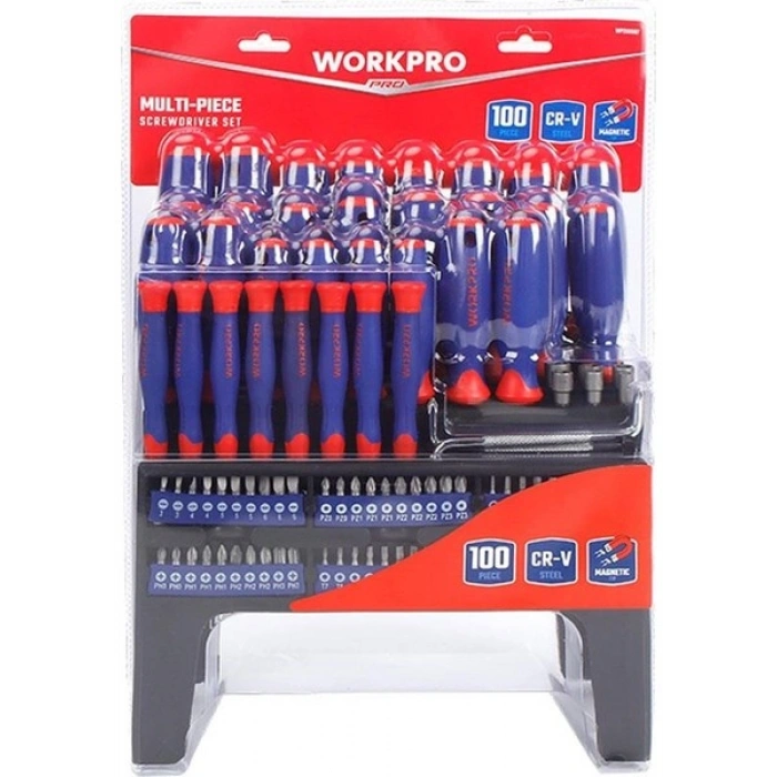 Workpro WP200507 100 Parça Duvar Askı Aparatlı Profesyonel Cr-V Manyetik Tornavida ve Bits Uç Seti