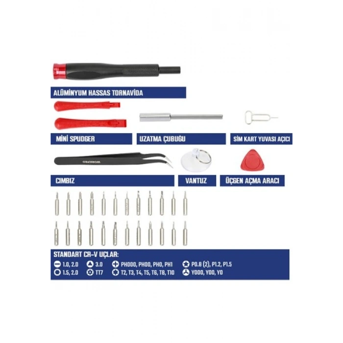 Workpro WP200541 32 Parça Cr-V Hassas Elektronikçi/telefoncu Profesyonel Onarım Seti