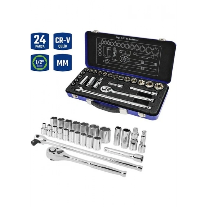 Workpro WP202564 1/2’ Cr-V 24 Parça Metrik Ağır Hizmet Lokma Takımı