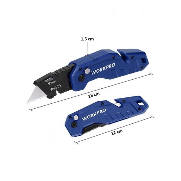 Workpro WP211008 Profesyonel Katlanır Çok Amaçlı Rötuş Maket Bıçağı + 10 Adet Yedek Bıçak