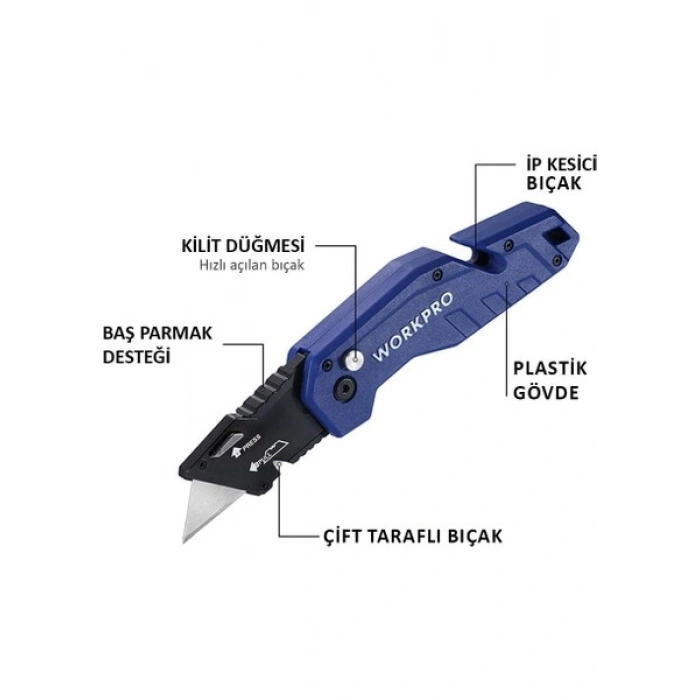 Workpro WP211008 Profesyonel Katlanır Çok Amaçlı Rötuş Maket Bıçağı + 10 Adet Yedek Bıçak