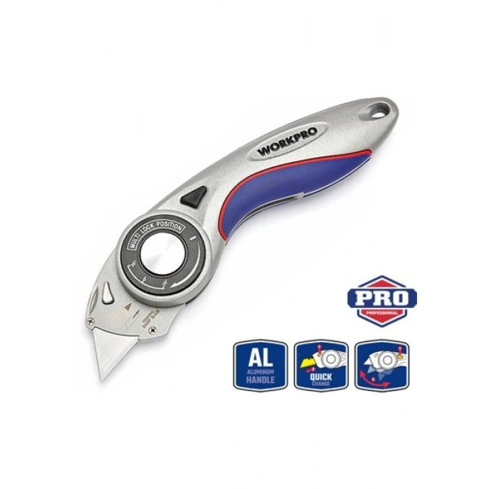 Workpro WP211013 Ağır Hizmet Alüminyum Gövde Açı Ayarlı Katlanır Rötuş Maket Bıçağı + 5 Adet Yedek Bıçak