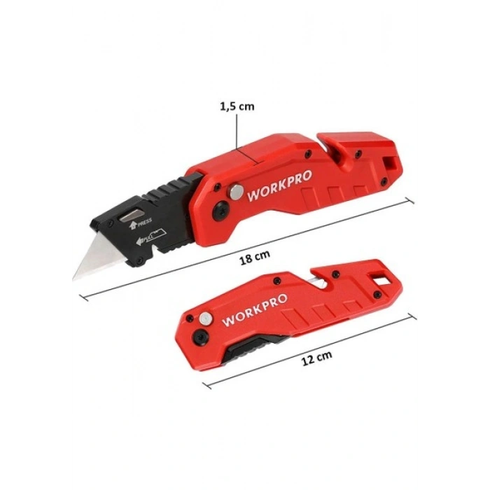 Workpro WP211018 Profesyonel Katlanır Çok Amaçlı Rötuş Maket Bıçağı + 10 Adet Yedek Bıçak