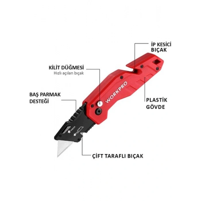 Workpro WP211018 Profesyonel Katlanır Çok Amaçlı Rötuş Maket Bıçağı + 10 Adet Yedek Bıçak
