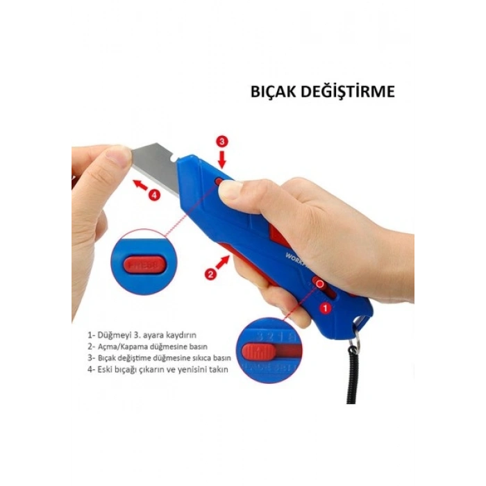 Workpro WP213010 Kemer Askı Kancalı Otomatik Geri Çekilebilir Mandallı Rötuş Maket Bıçağı + 3 Adet Yedek Bıçak