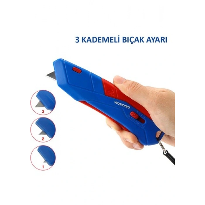 Workpro WP213010 Kemer Askı Kancalı Otomatik Geri Çekilebilir Mandallı Rötuş Maket Bıçağı + 3 Adet Yedek Bıçak