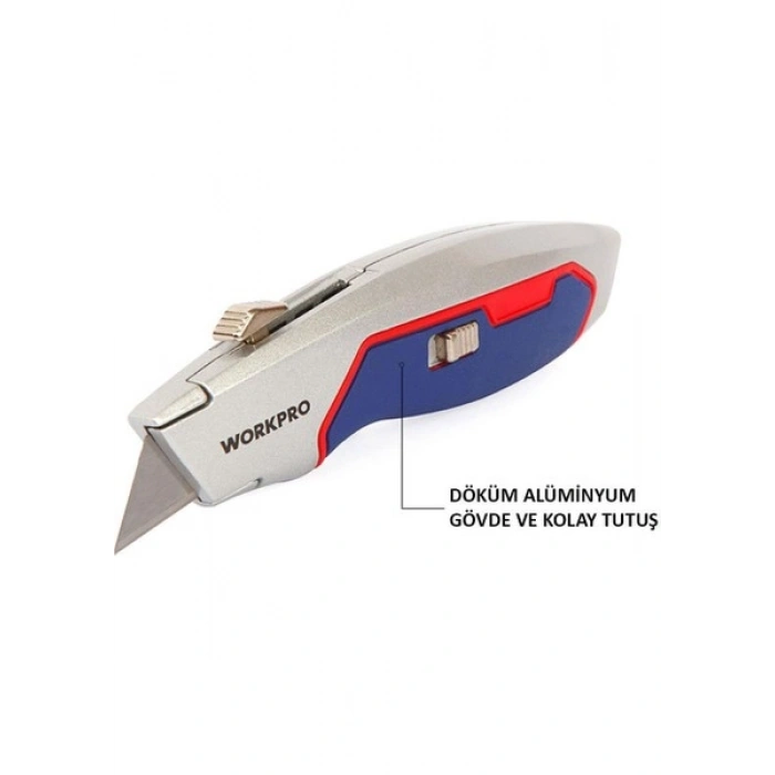 Workpro WP213011 Ağır Hizmet Alüminyum Gövde Geri Çekilebilir Rötuş Maket Bıçağı + 3 Adet Yedek Bıçak