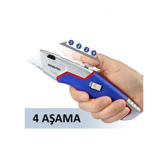 Workpro WP213012 Ağır Hizmet Alüminyum Gövde Geri Çekilebilir Rötuş Maket Bıçağı + 4 Adet Yedek Bıçak