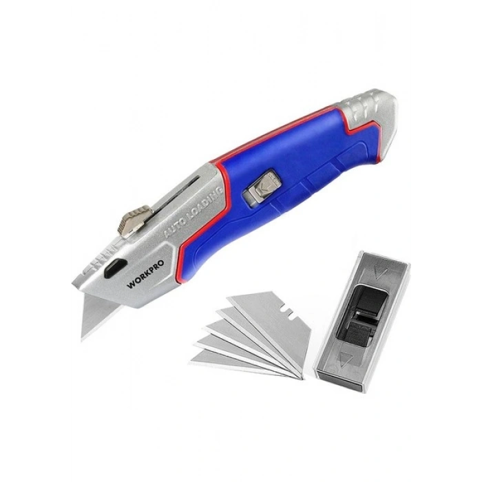 Workpro WP213012 Ağır Hizmet Alüminyum Gövde Geri Çekilebilir Rötuş Maket Bıçağı + 4 Adet Yedek Bıçak
