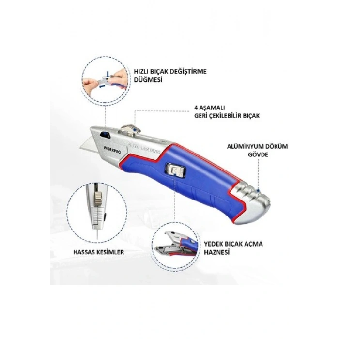Workpro WP213012 Ağır Hizmet Alüminyum Gövde Geri Çekilebilir Rötuş Maket Bıçağı + 4 Adet Yedek Bıçak