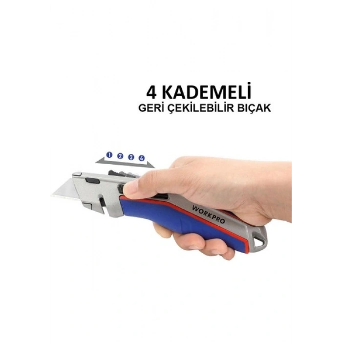 Workpro WP213015 Ağır Hizmet Alüminyum Gövde Otomatik Geri Çekilebilir Rötuş Maket Bıçağı + 5 Adet Yedek Bıçak