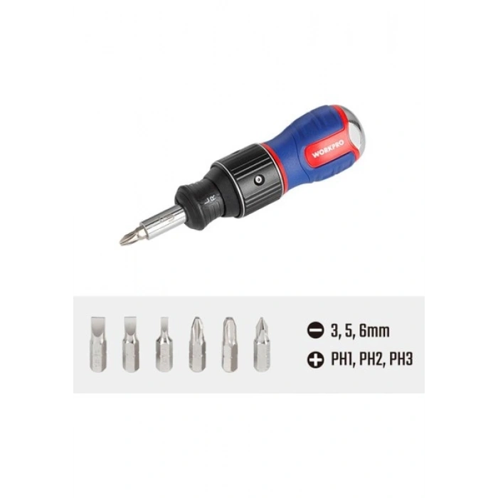 Workpro WP221071 6-In-1 Profesyonel Cr-V Cırcırlı Manyetik Topaç Tornavida Seti