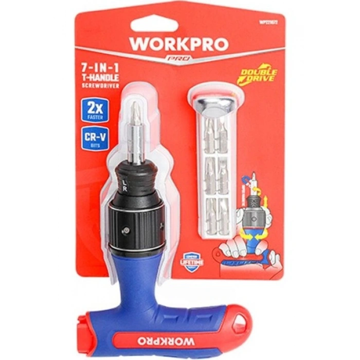 Workpro WP221072 7-In-1 Profesyonel Cr-V T- Saplı Cırcırlı Manyetik Tornavida Seti
