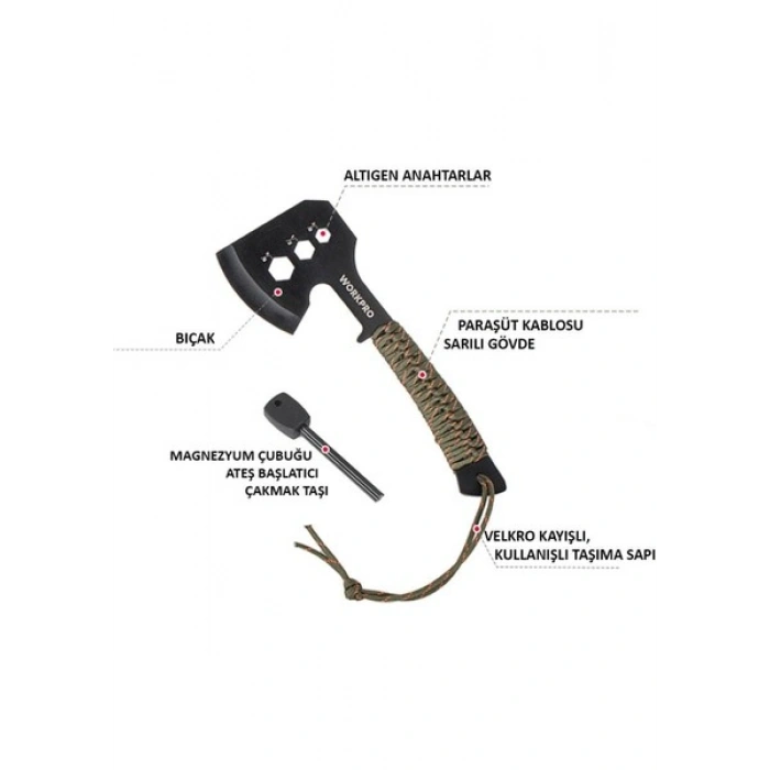 Workpro WP383002 250MM Çok Fonksiyonlu Kamp Baltası + Magnezyum Ateşleyici
