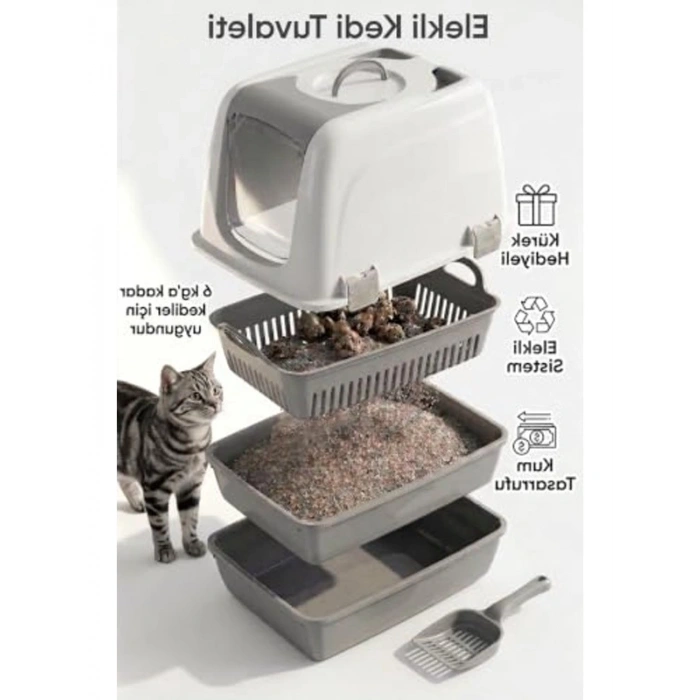XL Boy Elekli Kedi Tuvaleti, 50x37,5x40 cm, Kum Küreği Hediyeli