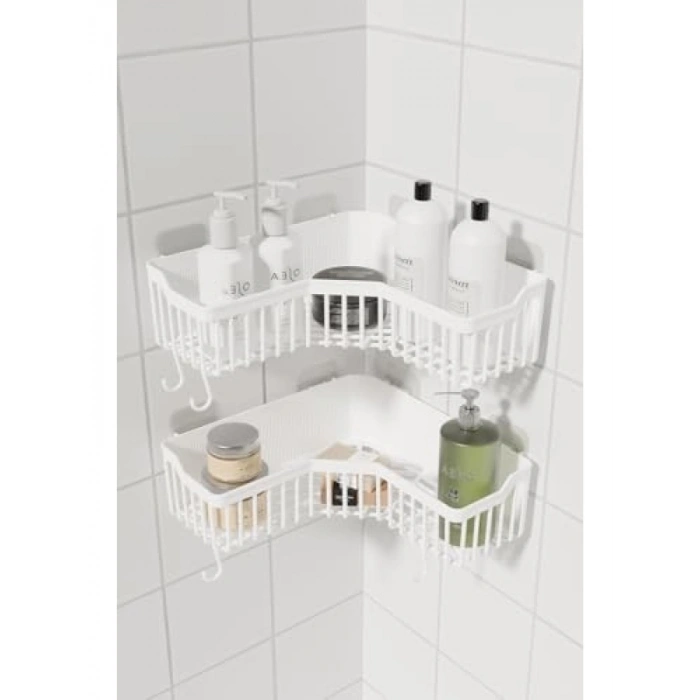 Yapışkanlı 2li Köşe Banyo Rafı – Duvar Organizeri, Şampuanlık