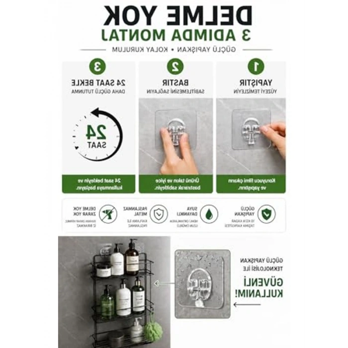 Yapışkanlı Banyo Rafı, Paslanmaz Metal ile Delmeden Montaj İmkanı