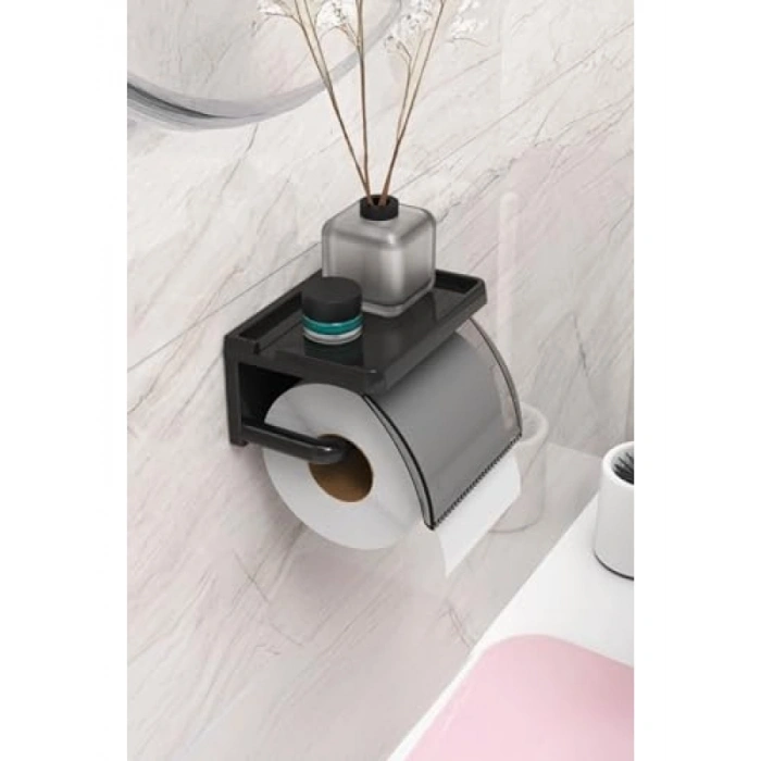 Yapışkanlı Kapaklı Tuvalet Kağıdı Askısı, Plastik Organizer, Siyah