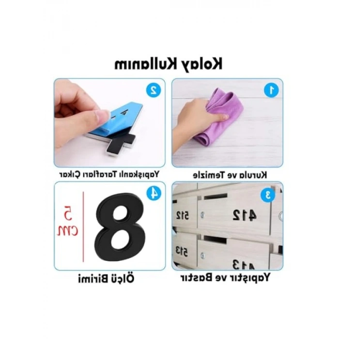 Yapışkanlı Kapı Numarası 50 mm Siyah Renk 8 Rakam