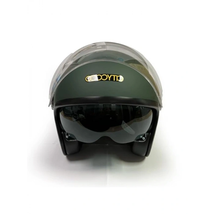 Yarım Kask, Mat Yeşil Renk, Vintage Stil ve Çift Vizör