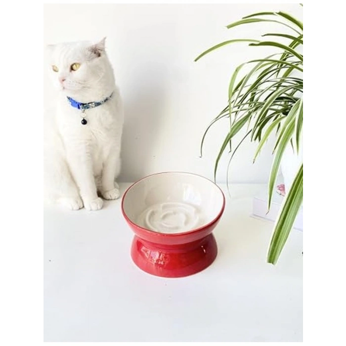 Yavaş Yeme Kedi Mama Kabı - Seramik, Kırmızı Renk