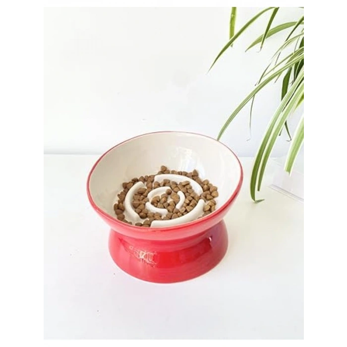 Yavaş Yeme Kedi Mama Kabı - Seramik, Kırmızı Renk