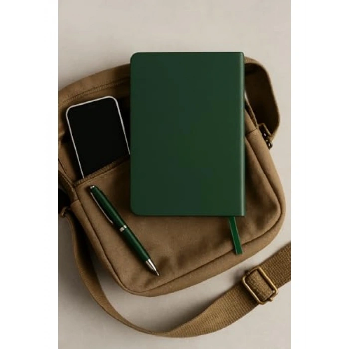 Yeşil Deri Kapaklı Çizgisiz Not Defteri - A5 Boyut