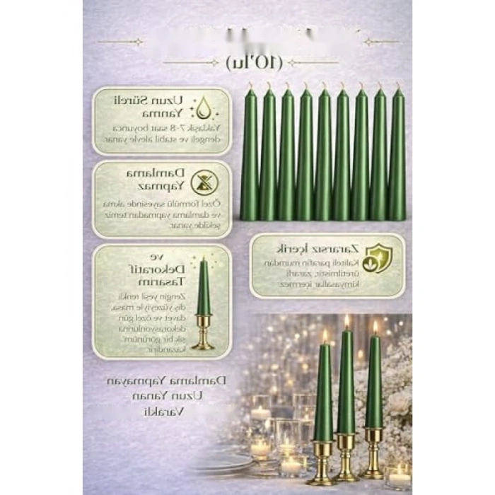 Yeşil İnce Şamdan Mum Seti - 10lu Paket