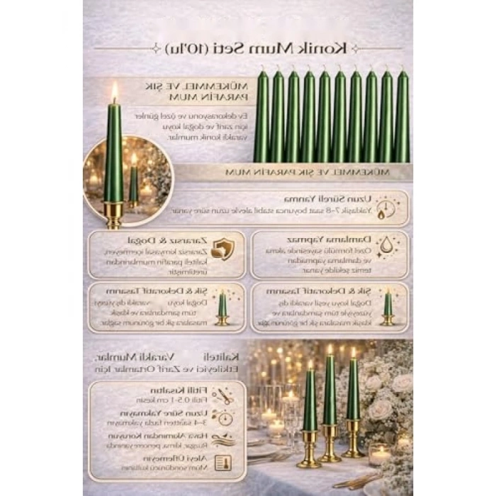 Yeşil İnce Şamdan Mum Seti - 10lu Paket