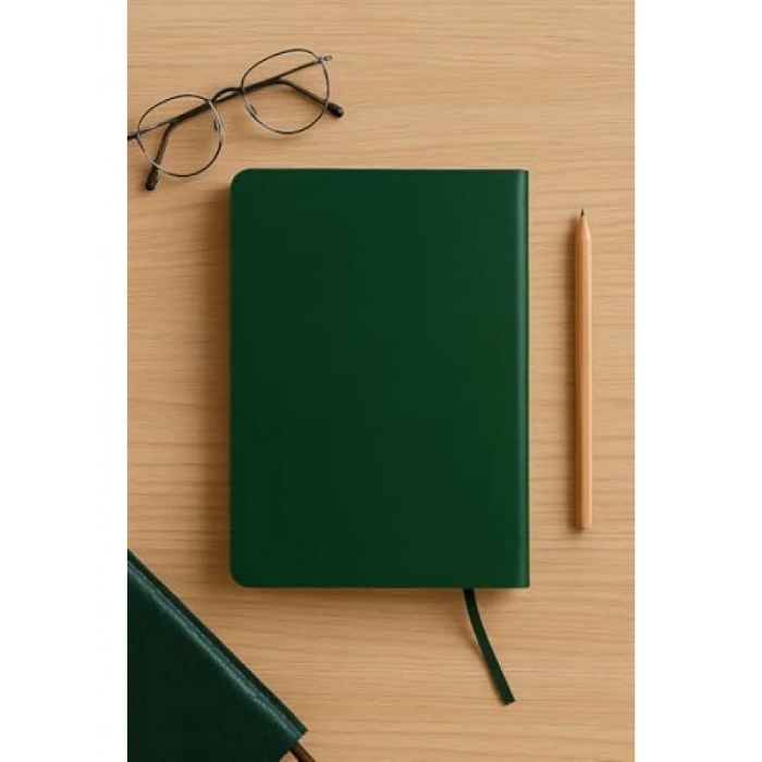 Yeşil Termo Deri Kapaklı Noktalı Defter, A5 Boyut, 128 Yaprak