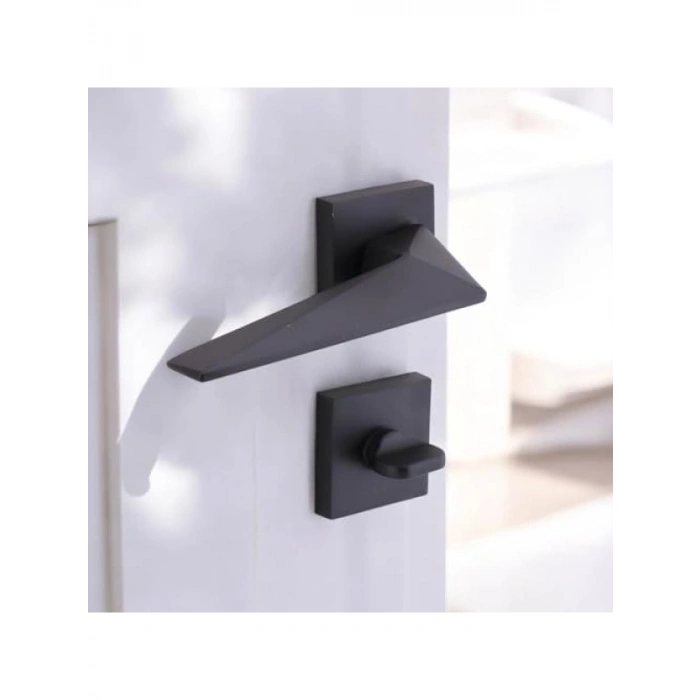 Yıldız WC - Banyo Siyah Kapı Kolu, Kare Rozetli Kilitlenebilir Takım