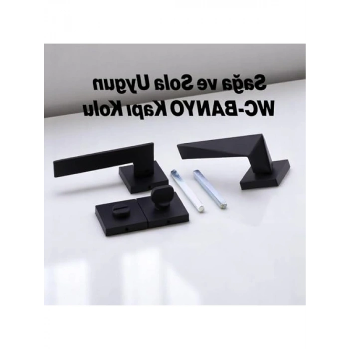 Yıldız WC - Banyo Siyah Kapı Kolu, Kare Rozetli Kilitlenebilir Takım