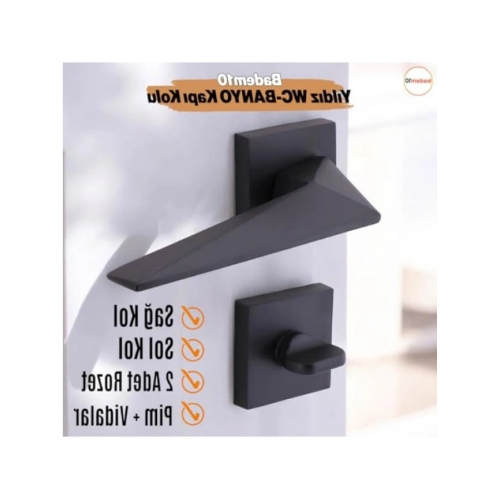 Yıldız WC - Banyo Siyah Kapı Kolu, Kare Rozetli Kilitlenebilir Takım