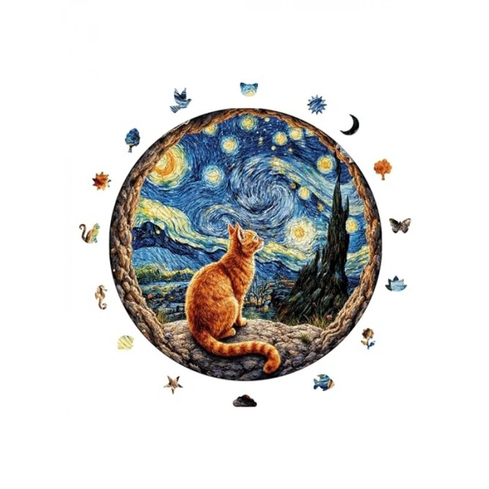 Yıldızlı Gecenin Altındaki Kedi Ahşap Puzzle - 252 Parça, 29 x 29 cm