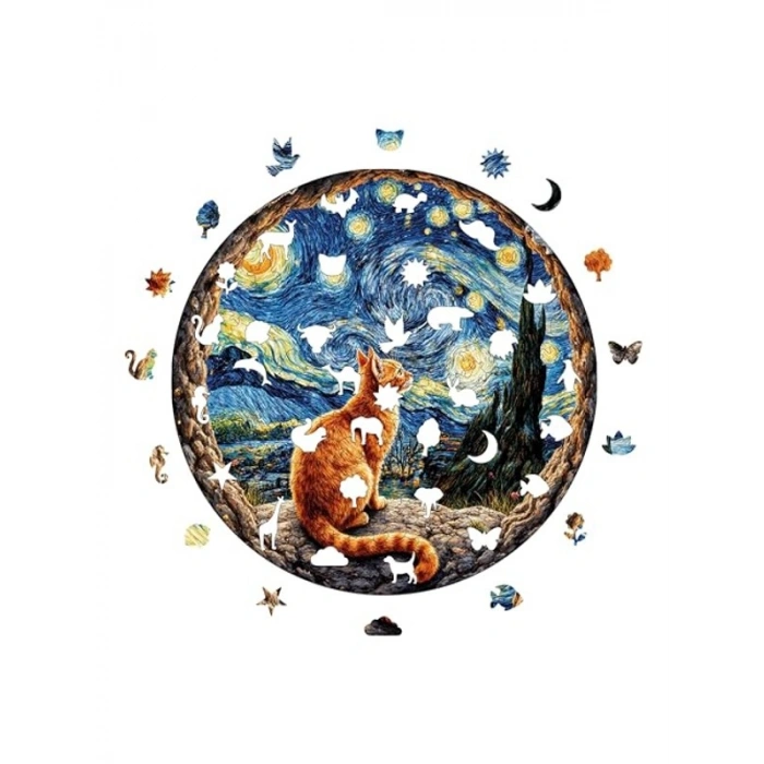 Yıldızlı Gecenin Altındaki Kedi Ahşap Puzzle - 252 Parça, 29 x 29 cm