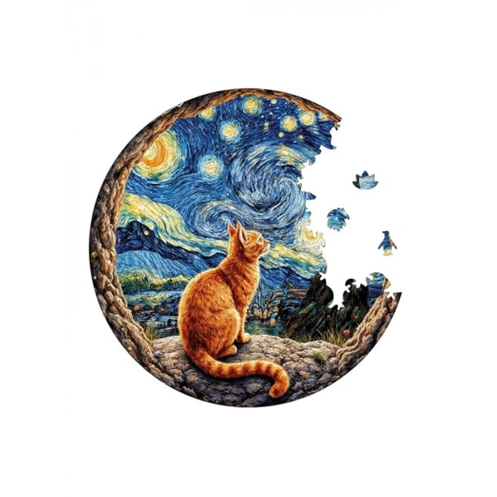 Yıldızlı Gecenin Altındaki Kedi Ahşap Puzzle - 252 Parça, 29 x 29 cm