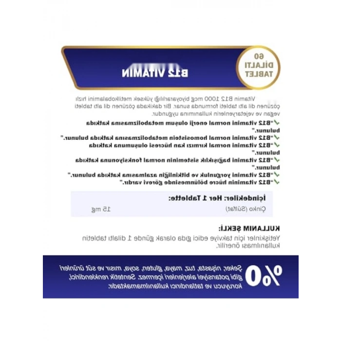 Yüksek Biyoyararlanımlı B12 Vitamin 1000 mcg 60 Tablet