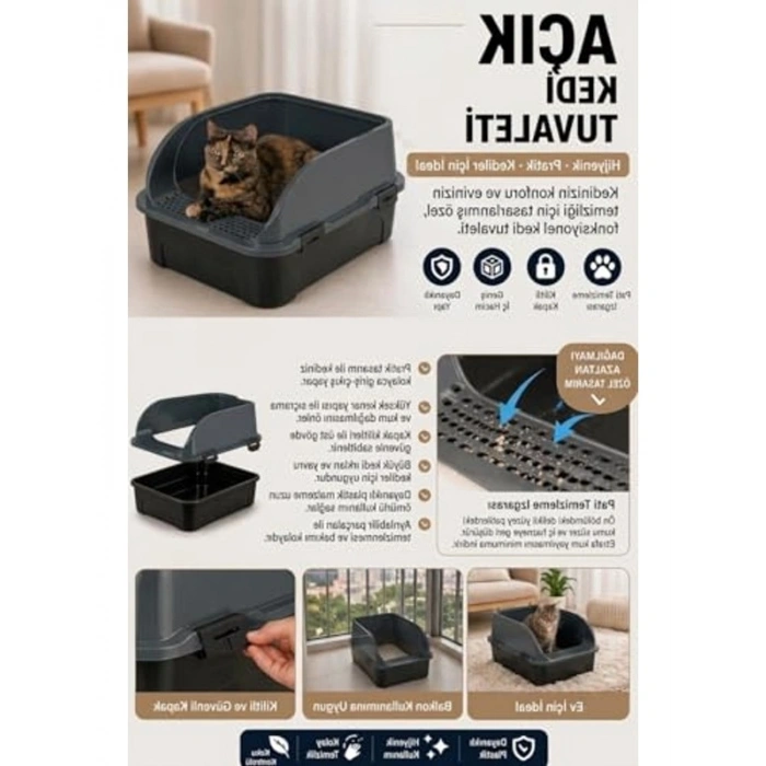 Yüksek Kenarlı Açık Kedi Tuvaleti, 52x37x23 cm, Kum Küreği Hediyeli