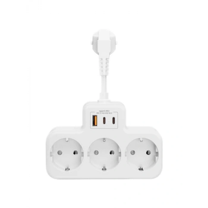 Duvar Tipi Priz Çoğaltıcı, 3 Soket, 2 Type-C ve 1 USB, 16A, 3680W, Çocuk Güvenlikli