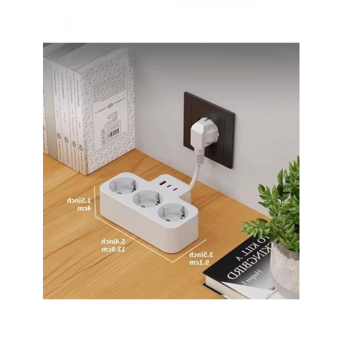 Duvar Tipi Priz Çoğaltıcı, 3 Soket, 2 Type-C ve 1 USB, 16A, 3680W, Çocuk Güvenlikli