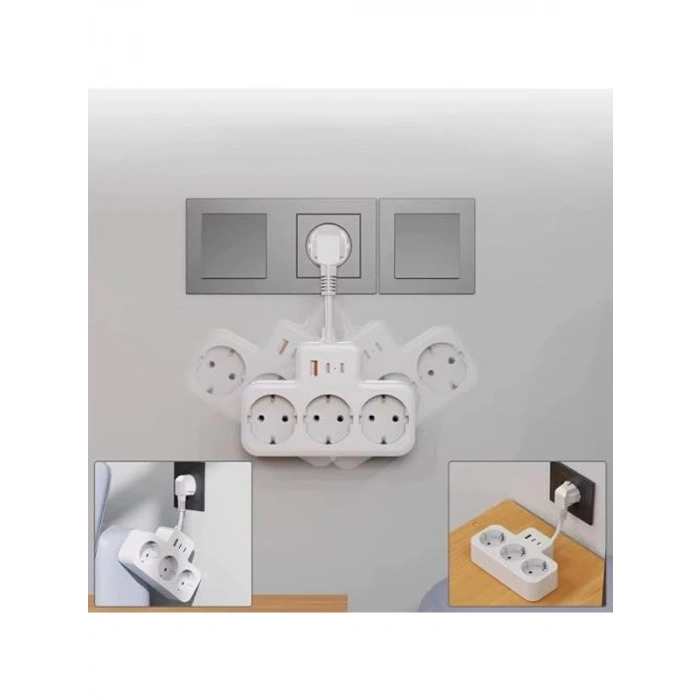 Duvar Tipi Priz Çoğaltıcı, 3 Soket, 2 Type-C ve 1 USB, 16A, 3680W, Çocuk Güvenlikli