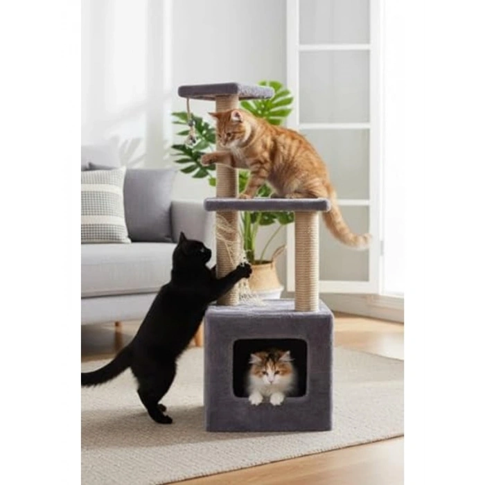 Yuvalı kare ev kedi tırmalama, basamaklı gri tasarım