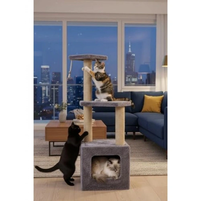 Yuvalı kare ev kedi tırmalama, basamaklı gri tasarım