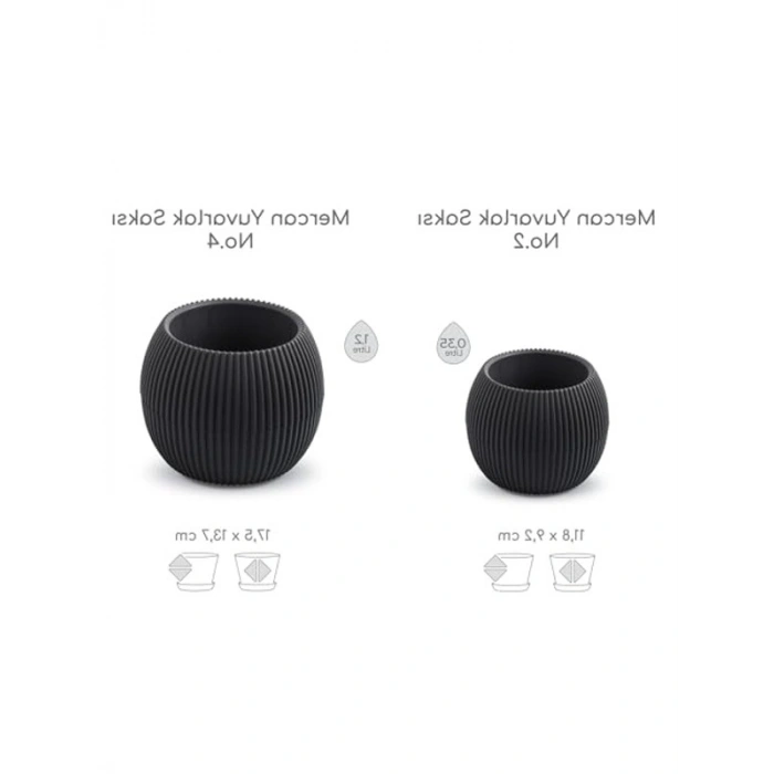 Yuvarlak Saksı Seti, 0,35 Litre ve 1,2 Litre, Antrasit Renk, Tabaklı