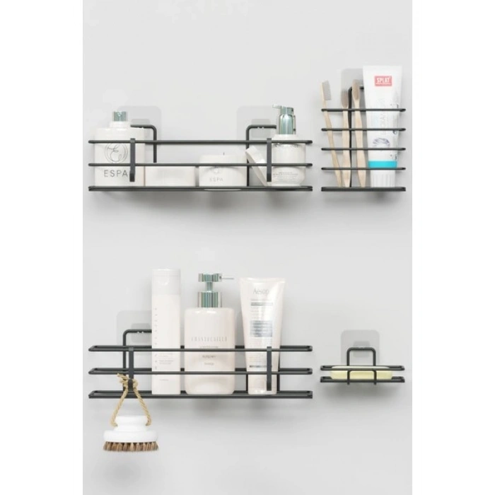 Zabata Yapışkanlı Banyo Seti Duş Rafı + Sabunluk + Diş Fırçalık Metal Set