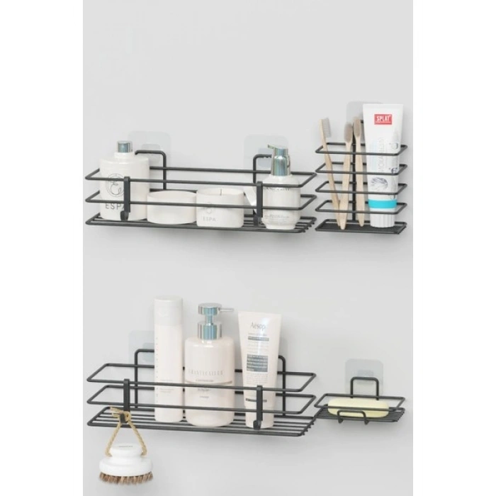 Zabata Yapışkanlı Banyo Seti Duş Rafı + Sabunluk + Diş Fırçalık Metal Set