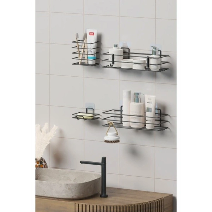 Zabata Yapışkanlı Banyo Seti Duş Rafı + Sabunluk + Diş Fırçalık Metal Set