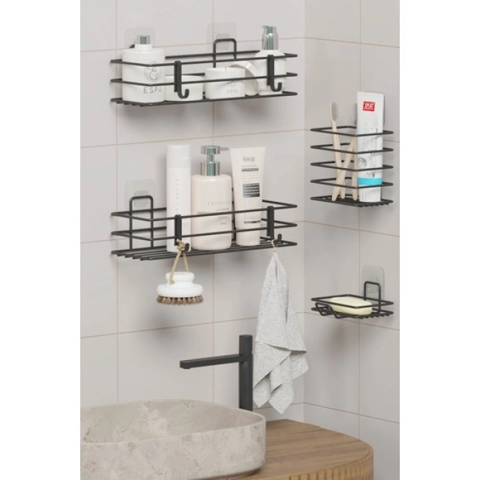 Zabata Yapışkanlı Banyo Seti Duş Rafı + Sabunluk + Diş Fırçalık Metal Set